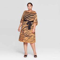 Women's Plus Size Jacquard Print 3/4 Sleeve Mock Turtleneck Intarsia Sweater Midi Dress - Who What Wear™ Tan