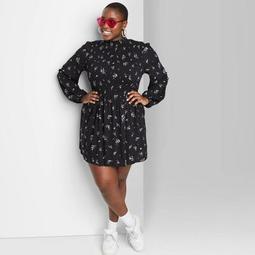 Women's Plus Size Floral Print Long Sleeve High Neck Smocked Dress - Wild Fable™ Black