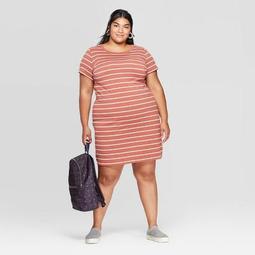 Women's Plus Size Striped Short Sleeve Crewneck T-Shirt Dress - Ava & Viv™ Brown