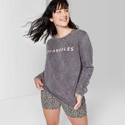 Women's Plus Size Long Sleeve Relaxed Crewneck T-Shirt Los Angeles Graphic - Wild Fable™ Washed Black