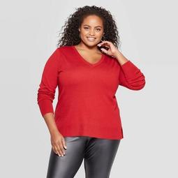 Women's Plus Size V-Neck Pullover Sweater - Ava & Viv™ Red