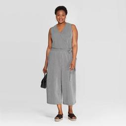 Women's Plus Size Striped Sleeveless V-Neck Knit Jumpsuit - Ava & Viv™ Black