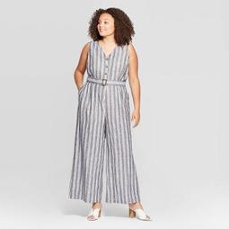 Women's Plus Size Striped Sleeveless V-Neck Belted Jumpsuit - Who What Wear™ Gray/White