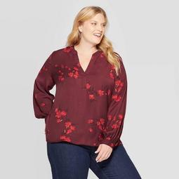 	Women's Plus Size Floral Print Long Sleeve V-Neck Popover Top - Ava & Viv™ Red