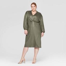 Women's Plus Size Long Sleeve V-Neck Twist Front At The Knee Dress - Prologue™ Green