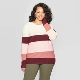 Women's Plus Size Striped Long Sleeve Crewneck Pullover Sweater - Ava & Viv™ Pink