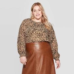 Women's Plus Size Leopard Print Long Sleeve Smocked Crewneck Top - Ava & Viv™ Brown