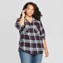 Women's Plus Size Plaid Long Sleeve Collared Flannel Shirt - Universal Thread™ Navy
