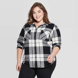 Women's Plus Size Plaid Long Sleeve Collared Flannel Shirt - Universal Thread™ Black