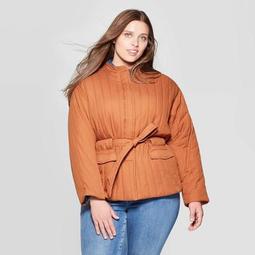 Women's Plus Size Long Sleeve Button-Front Self Belted Quilted Jacket - Universal Thread™ Gold