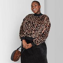 Women's Plus Size Animal Print Long Sleeve Crewneck Faux Fur Sweatshirt - Wild Fable™ Brown 