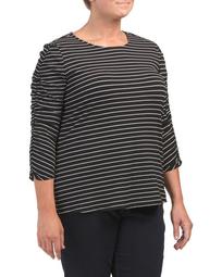 Plus Ruched Sleeve Thin Stripe Top