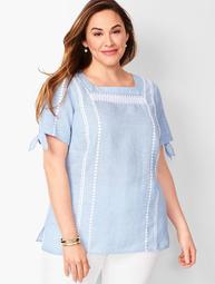 Square-Neck Embroidered Linen Top - Cross Dyed
