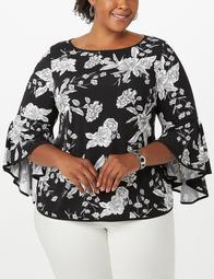 Plus Size Floral Textured Bell-Sleeved Top