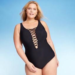 Women's Plus Size Lace-Up One Piece Swimsuit - Aqua Green® Black