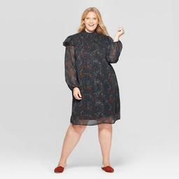 	Women's Plus Size Floral Print Long Sleeve High Neck Midi Dress - Ava & Viv™ Black