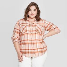 Women's Plus Size Plaid Long Sleeve Collared Flannel Shirt - Universal Thread™ Pink