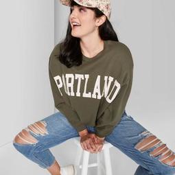 Women's Plus Size Oversized Long Sleeve Crewneck Sweatshirt Portland Graphic - Wild Fable™ Olive
