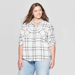 Women's Plus Size Plaid Long Sleeve Collared Flannel Top - Universal Thread™ White