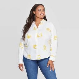 Women's Plus Size Floral Print Long Sleeve Collared Button-Up Blouse - Ava & Viv™ Cream