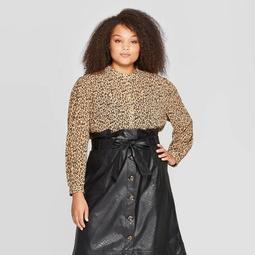 Women's Plus Size Leopard Print Bishop Long Sleeve Crewneck Blouse - Who What Wear™ Black X