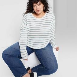 Women's Plus Size Striped Crewneck Sweater - Wild Fable™ Ivory/Teal Blush