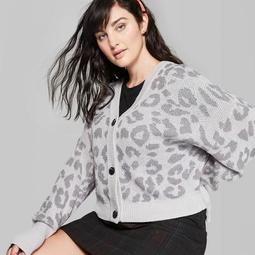 Women's Plus Size Animal Print Long Sleeve Cropped Button-Up Cardigan - Wild Fable™ Gray
