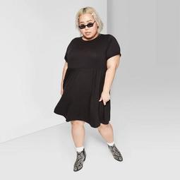 Women's Plus Size Round Neck Short Sleeve Knit Babydoll Mini Dress - Wild Fable™ Black