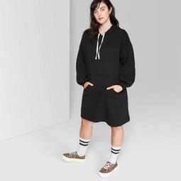 Women's Plus Size Long Sleeve Hooded Sweatshirt Dress - Wild Fable™ Black
