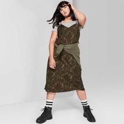 Women's Plus Size Camo Print Sleeveless V-Neck Midi Slip Dress - Wild Fable™ Olive