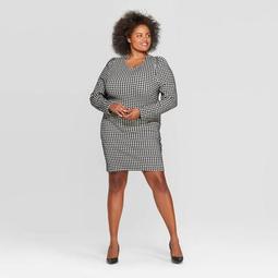 Women's Plus Size Plaid Long Sleeve Round Neck Mini Dress - Who What Wear™ Black/White