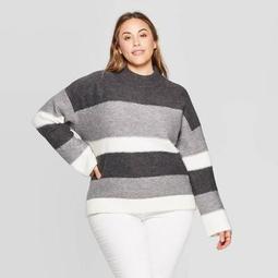 Women's Plus Size Striped Long Sleeve Mock Turtleneck Pullover Sweater - Universal Thread™ Gray