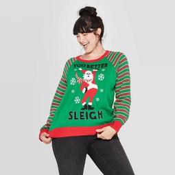 Women's Sleigh Santa Plus Size Long Sleeve Sweater (Juniors') - Green
