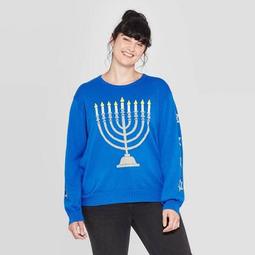 Women's Menorah Light Up Hanukkah Plus Size Long Sleeve Sweater (Juniors') - Blue
