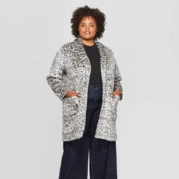 Women's Plus Size Animal Print Long Sleeve Open Layering Textured Coatigan - A New Day™ Gray/White
