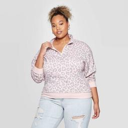 Women's Leopard Print Plus Size Long Sleeve 1/4 Zip Sweatshirt - Grayson threads (Juniors') - Pink 