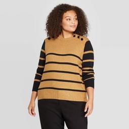 Women's Plus Size Striped Crewneck Pullover Sweater - Who What Wear™ Brown