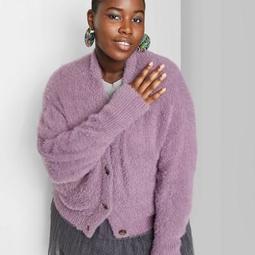 Women's Plus Size Fuzzy Cropped Button-Front Cardigan - Wild Fable™ Soft Amethyst 