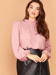 Plus Frilled Neck Pearl Beaded Blouse