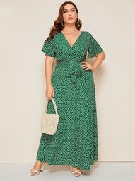Plus Ditsy Floral Surplice Front Belted Dress