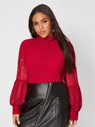 Plus High Neck Lace Bishop Sleeve Top
