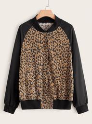 Plus Leopard Print Button Through Bomber Jacket