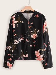 Plus Floral Print Zip Front Bomber Jacket
