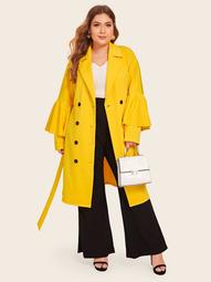 Plus Neon Yellow Notched Collar Flounce Sleeve Buttoned Coat