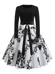 Plus Floral Print Belted Ball Gown Dress