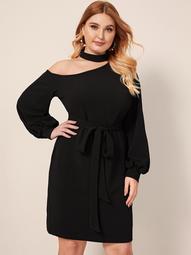 Plus Asymmetrical Neck Belted Tunic Dress