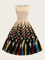 Plus Colorful Striped Print Fit And Flare Dress
