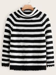 Plus Funnel Neck Raglan Sleeve Ripped Hem Striped Sweater