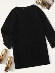Plus Drop Shoulder Glitter Fringe Cuff Sweater Dress