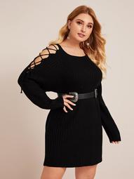 Plus Lace Up Ribbed Knit Sweater Dress Without Belted